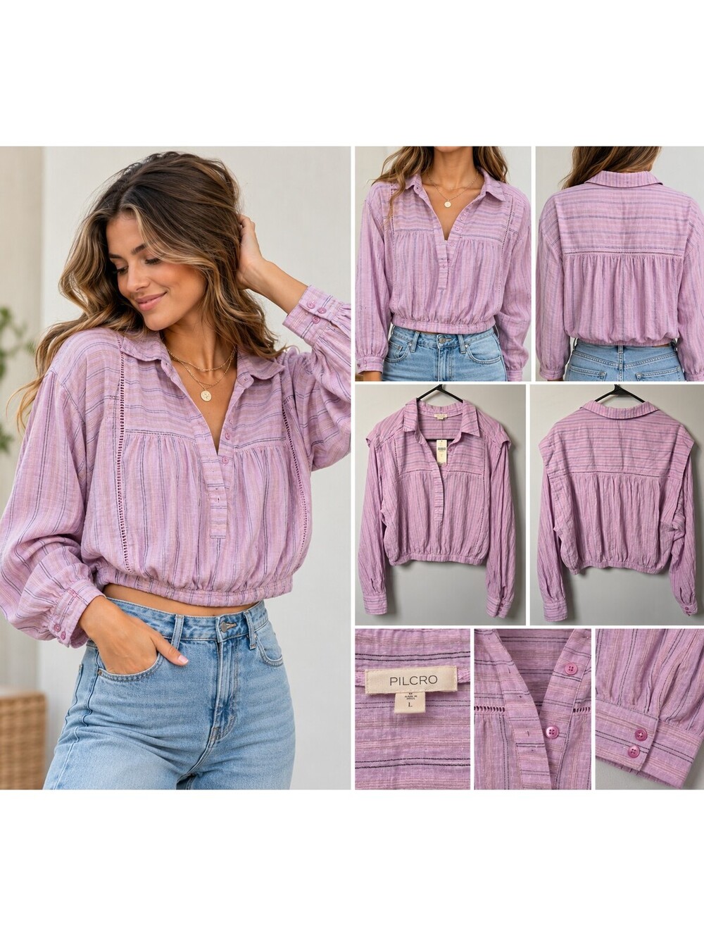 Pilcro lavender cropped long sleeve button front blouse size Large